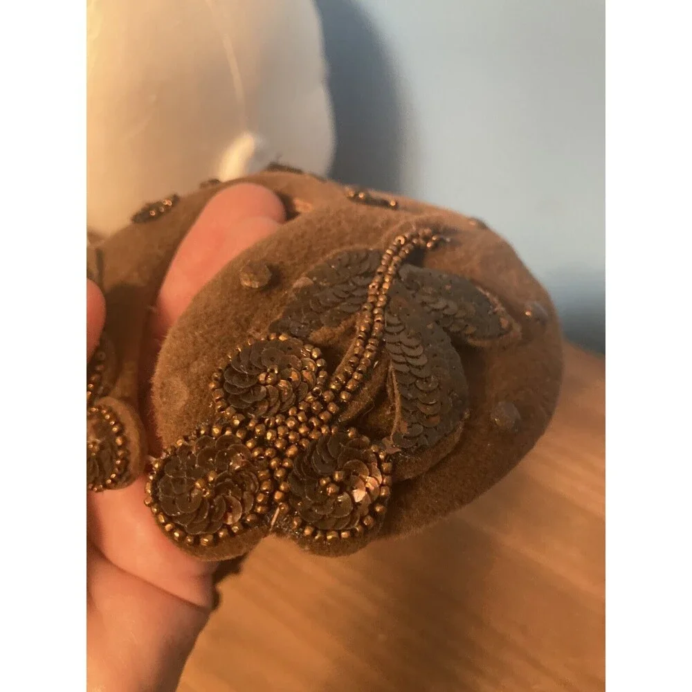 Lilyan Models Merrimac Peachbloom Brown Velour Fascinator Hat Beaded Sequins VTG